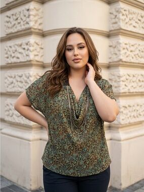 Rachel Roy Green Animal Print Cowl Neck Top Large Y2K Drapey Blouse